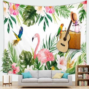 Detail of tropical tapestry featuring pink flamingos, parrots and jungle leaves for wall decor