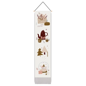 Vertical Christmas wall hanging with wood pole, tassels, and cozy hand-drawn holiday motifs