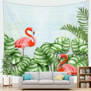 Nordic tropical tapestry with pink flamingos and green monstera leaves over a sofa