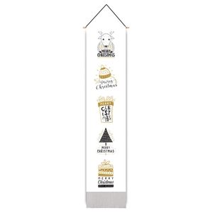 Vertical white Christmas wall banner with elk prints and wooden hanging rod