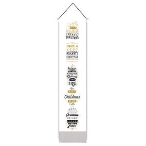 Close-up of a white canvas Christmas scroll with a wooden hanger and festive typography