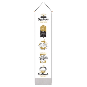 Detail of Christmas wall banner with gold lettering, wood bar and hanging string