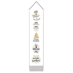 Close-up of long white Christmas wall banner with wooden hanger and festive elements