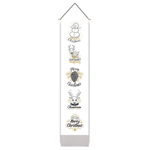 Vertical Christmas wall hanging featuring reindeer and snowman with wooden rod and rope