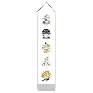 Detailed vertical Christmas banner featuring black and gold festive text and wooden hanger