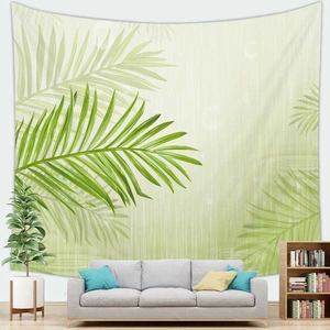 Detailed view of Nordic tropical palm leaf tapestry hung in a minimalist living room
