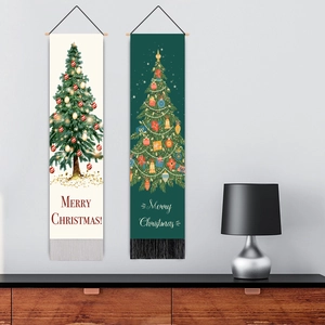 Minimalist Christmas tree wall hanging set with wooden rods and tassel details