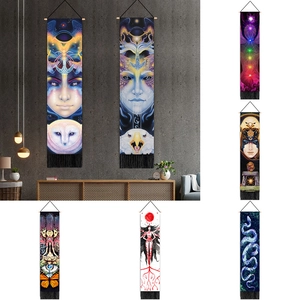 Vertical Long Tapestry Wall Hanging Art Mystical Totem Snake Owl Printed Cotton Linen Fabric With Wood Rod Tassel Decor