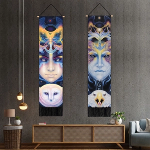 Totem snake and mystic eagle art tapestry wall hanging with wood pole and black tassels