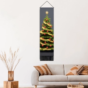 Minimalist Christmas tree wall tapestry with red ornaments and tassels for home decor