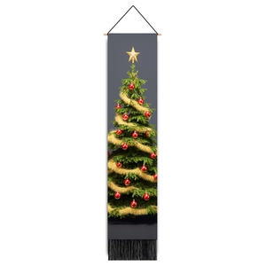 Vertical Christmas tree tapestry with rich decorations, tassels, and wood hanging pole