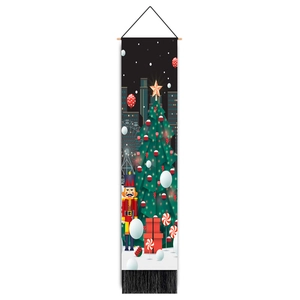 Vertical Christmas banner with nutcracker soldier and star-topped tree in night city scene