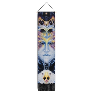 Vertical wall tapestry with mystical eagle, sword, and rune art with black tassels