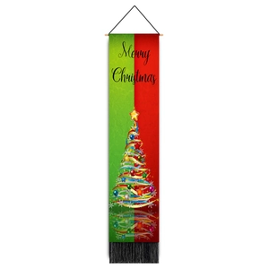 Detailed view of Merry Christmas wall banner with pine tree pattern and black tassels