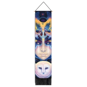 Detailed mythical owl and celestial tapestry with dark blue tones and black tassels