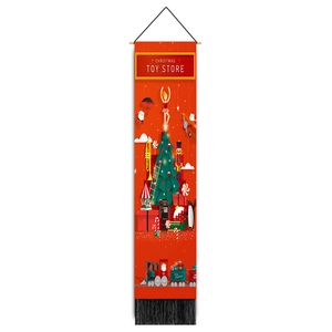 Detailed view of Christmas toy store tapestry with nutcracker and black tassels