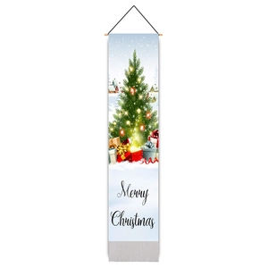 Detailed Christmas wall hanging banner featuring a pine tree, gifts, and snow scene