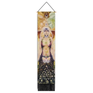 Vertical wall tapestry with mystic goddess, butterfly art, and black decorative tassels