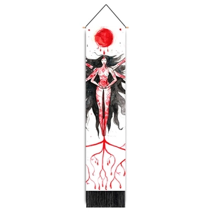 Detailed watercolor mystical goddess tapestry featuring wooden rod and black tassels