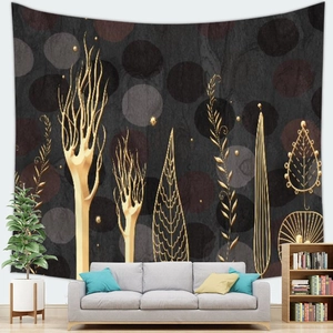 Detail of abstract golden leaves and geometric shapes on a modern dark gray wall tapestry