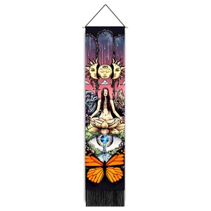 Vertical mystic tapestry featuring celestial sun, butterfly, and elegant black fringe details