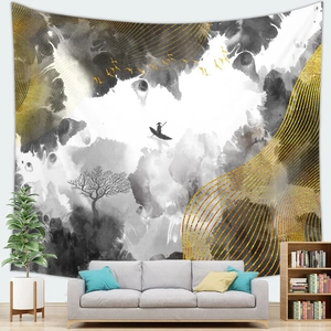 Minimalist black and white ink landscape tapestry with golden accents and birds detail