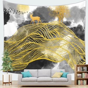 Detailed close-up of mountain landscape tapestry with elk over a modern sofa