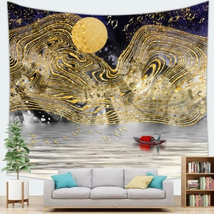 Abstract landscape wall tapestry featuring gold mountains and sunset on navy starry sky