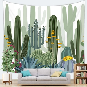Nordic cactus tapestry wall hanging with green botanical illustrations for home decor