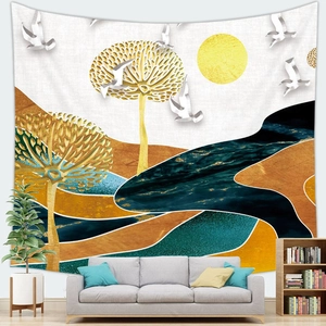 Abstract landscape wall tapestry showing mountains and golden tree in modern living room