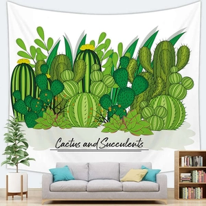 Detailed view of cactus succulent wall tapestry above a sofa in a modern room decor
