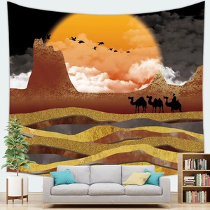 Detail of living room tapestry featuring a sunset desert mountain landscape with camels