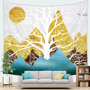 Detailed wall hanging tapestry featuring a white tree over golden and teal mountain peaks