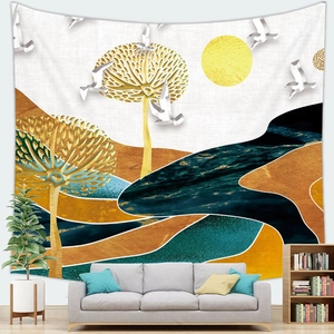 Modern abstract oil painting tapestry with golden trees and sunset over mountains