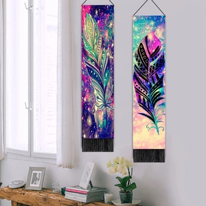 Set of two bohemian dreamcatcher feather wall tapestries with elegant black tassels