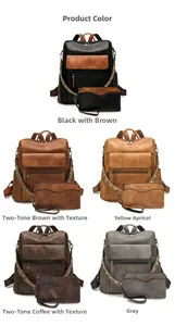 Detailed array showing five color variants of retro PU leather backpack sets with pouches