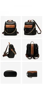 Detail view of black and brown leather backpack set with ethnic jacquard shoulder strap