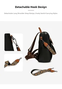 Detail of black pebbled leather backpack with vintage embroidered detachable wide strap