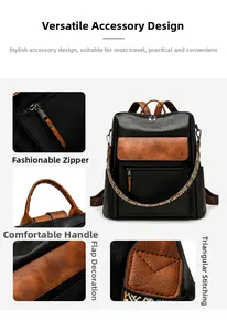 Detail view of retro backpack showing ethnic woven strap and contrast leather textures