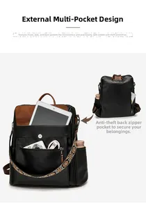 Detail of color-block leather backpack featuring multi-pocket design and ethnic strap