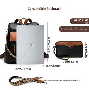 Macro view of retro faux leather backpack set with jacquard strap and wristlet bag