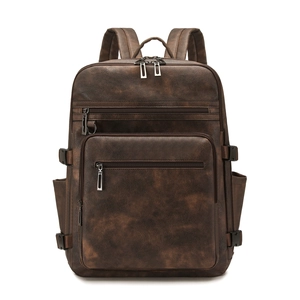 Vintage dark brown faux leather laptop backpack with multiple zipper pockets for commuting