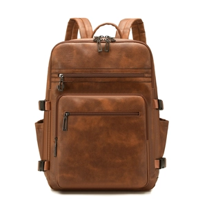 Brown vintage PU leather business backpack for women with large capacity and multi-pockets