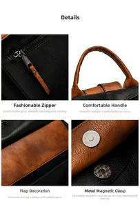 Detailed views of contrast leather backpack featuring hardware zippers and magnetic buckle