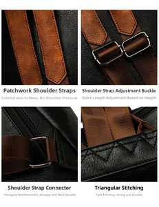 Detailed views of black pebbled leather backpack with reinforced stitching and metal buckles