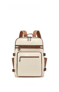 Front view of beige business laptop backpack with brown leather accents and side pockets