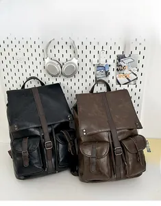 Détails de sacs à dos en cuir PU vintage noir et marron avec boucles et poches externes