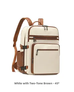 Detail of cream pebbled leather business backpack with brown trim and multiple pockets