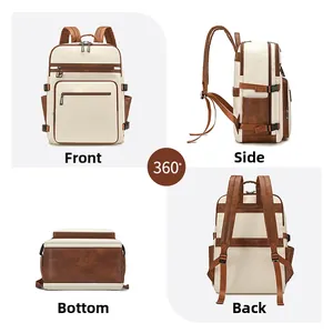 Multi-angle views of the large capacity canvas business backpack in beige and brown