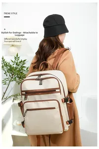 Fashionable travel backpack detail showing luggage strap on high-quality PU leather
